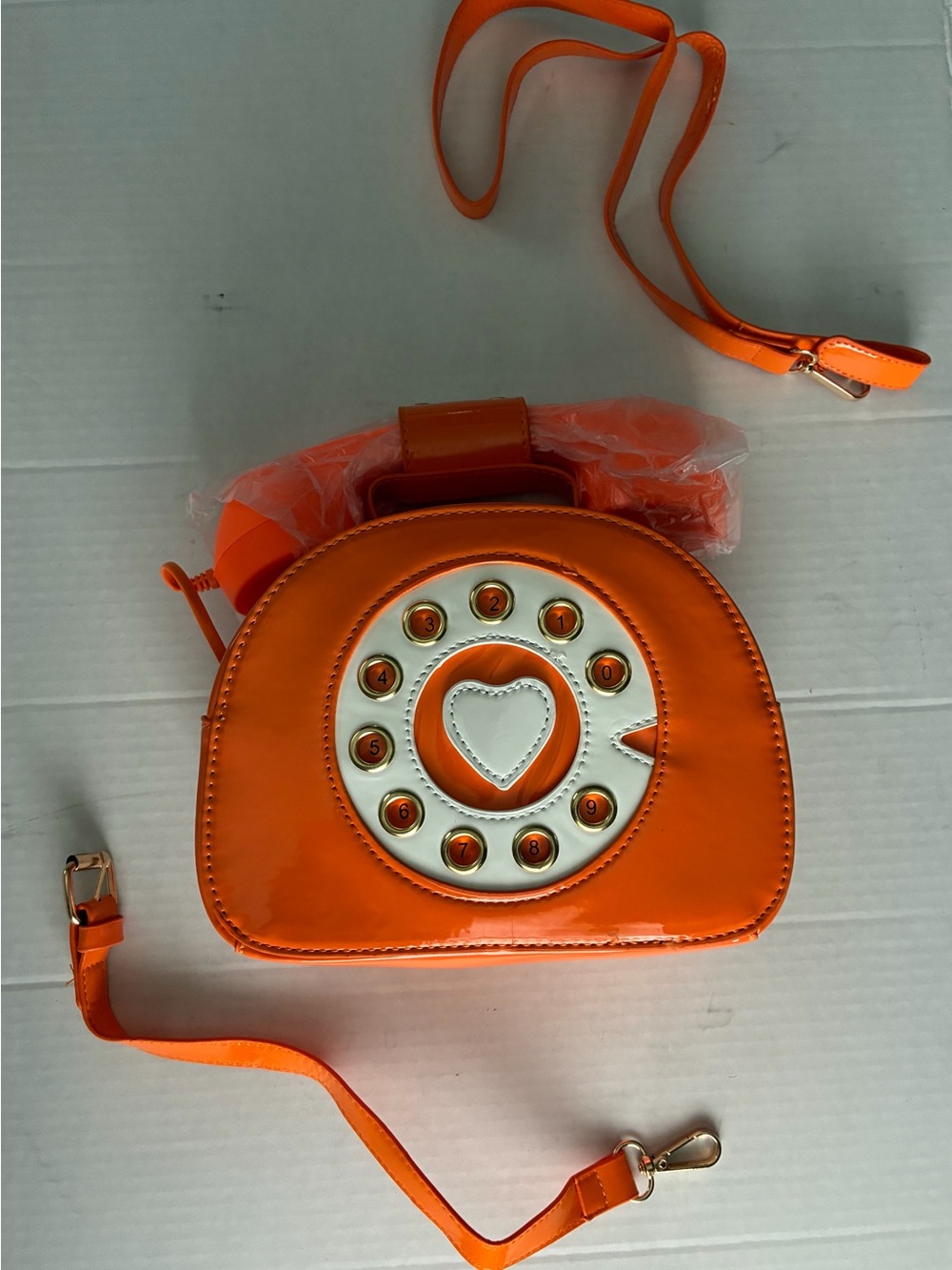 Orange Novelty Heart Dial Crossbody Bag - Realistic phone 📞 handle